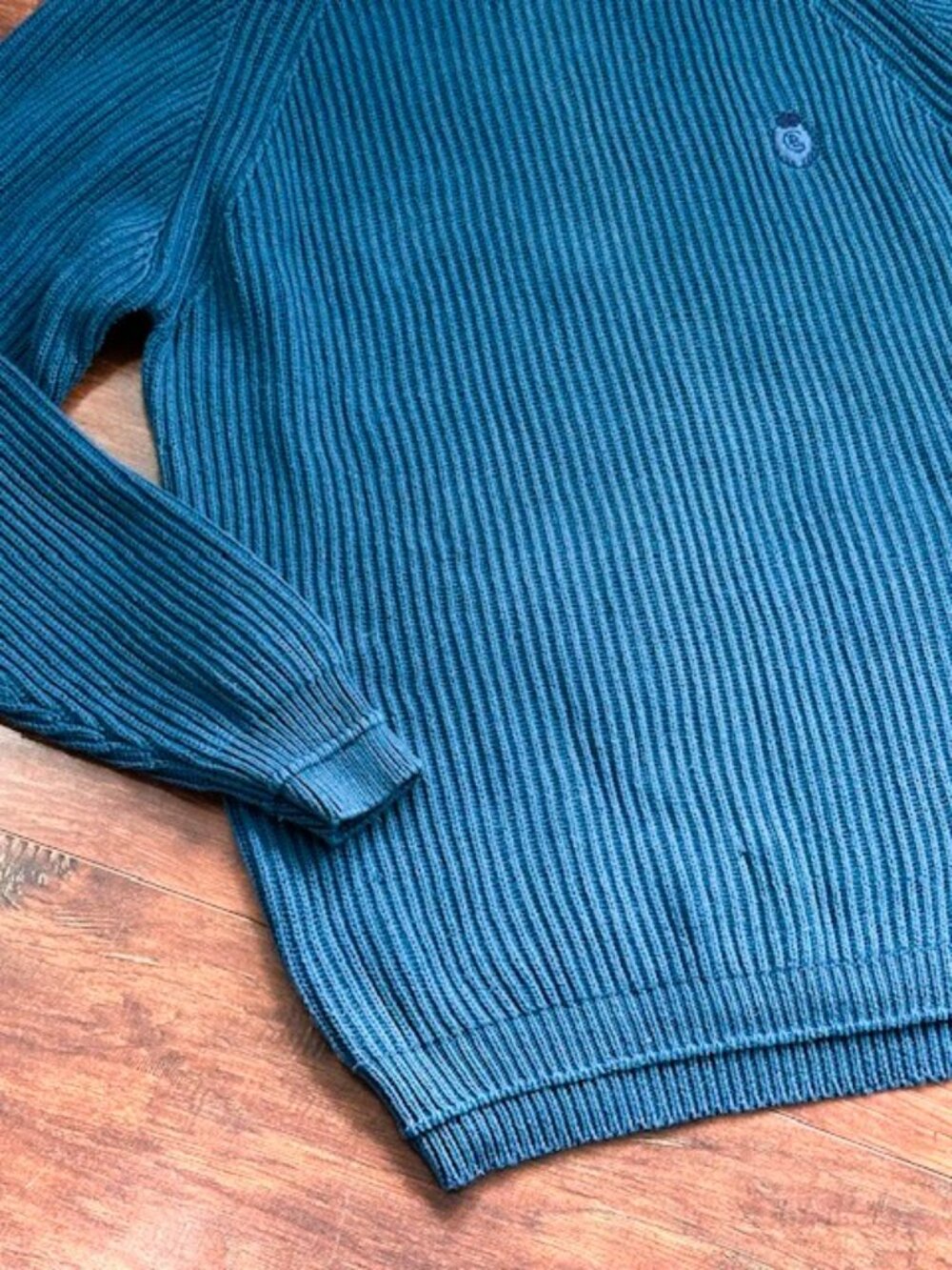 Vintage Chaps Ralph Lauren Teal Ribbed Raglan Knit Sweater Large Cotton Crest - Picture 9 of 13